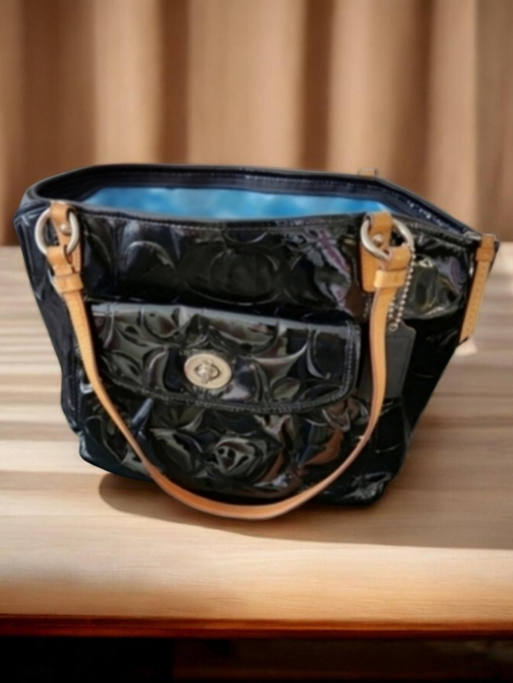 Coach Leah Signature Embossed Black Patent Leather Tote Bag F14663
